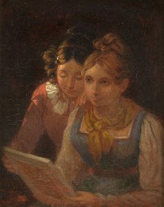 Kaksi tyttöä katsomassa kuvaa, n.1820 (öljy paneelille)