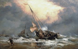 Kalastajat vetävät veneitään Pohjanmeren rannalla lähellä Scheveningeniä (Hollanti). Öljy kankaalle tekijältä Edward William Cooke