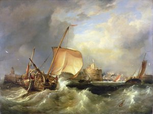 Ranskalainen sillivene juoksee satamaan Havre de Gracen edustalla tekijältä Edward William Cooke