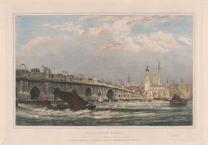 Vanha London Bridge vuoden 1700 korjauksen jälkeen vuoteen 1831/1832 saakka tekijältä Edward William Cooke