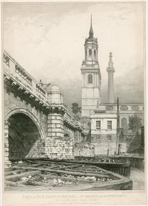 Osa Old London Bridgeä, St Magnusta ja monumenttia tekijältä Edward William Cooke