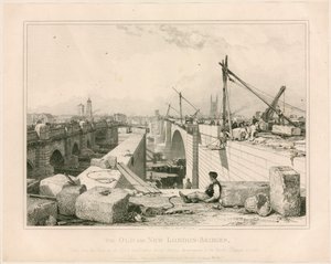 Lontoon vanha ja uusi silta, 1830 tekijältä Edward William Cooke