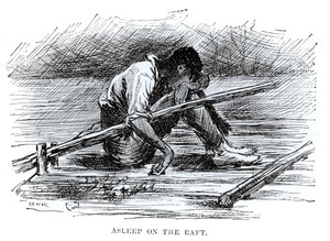 Nukkumassa lautalla, kuvitus teoksesta "Huckleberry Finnin seikkailut", kirjoittanut Mark Twain (1835-1910) 1884 (kaiverrus) (mv-valokuva) tekijältä Edward Windsor Kemble