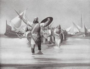 Sidonialaiset laskeutuvat Karthagon alueelle (litografia). tekijältä Edwin A. Morrow