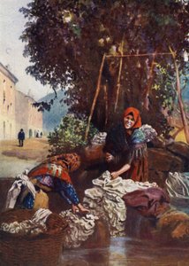 Korsika: Nainen pesee liinavaatteita (väri litho)