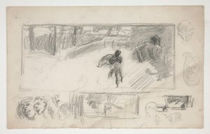 Erilaisia luonnoksia (recto); Piirros miehestä viitassa (verso) tekijältä Edwin Austin Abbey