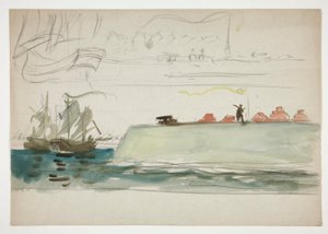 Veneet merellä: taistelulaiva etualalla, purjevene etäisyydellä - (tunnistamaton kuva) tekijältä Edwin Austin Abbey
