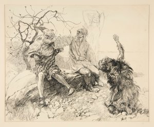 Caliban, Stephano ja Trinculo (Ariel näkymätön), kuvitus näytökselle II, kohtaus ii, The Tempest tekijältä Edwin Austin Abbey
