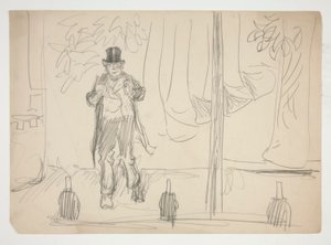 Sarjakuva näyttelijästä lavalla(?) - tunnistamaton kuvitus tekijältä Edwin Austin Abbey