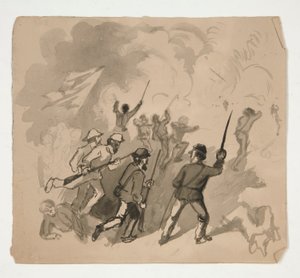 Sisällissodan taistelukohtaus (recto); Tuntematon kuva miehestä metsässä (verso) tekijältä Edwin Austin Abbey