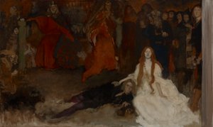 Sävellystutkimus, näytelmäkohtaus Hamletissa, näytös III, kohtaus II tekijältä Edwin Austin Abbey