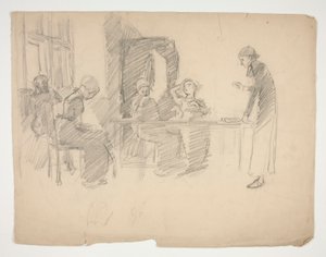 Varhainen tutkimus Stony Groundista 1884, sisustus hahmoilla tekijältä Edwin Austin Abbey