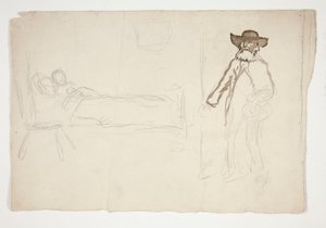 Figuuri sängyssä, mies astumassa huoneeseen - tunnistamaton kuva tekijältä Edwin Austin Abbey