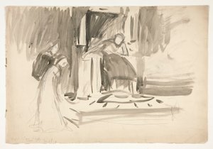 Figuuri valtaistuimella, jota reunustaa kaksi hahmoa, luonnos tuntemattomasta Shakespearen näytelmästä tekijältä Edwin Austin Abbey