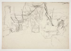 Vanhojen raunioiden seassa käveleviä hahmoja (?) - (tunnistamaton kuva) tekijältä Edwin Austin Abbey