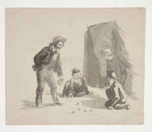 Neljä poikaa leikkimässä marmoria (recto); Tuntematon kuva pojasta maalaustelineessä sisätiloissa (verso) tekijältä Edwin Austin Abbey