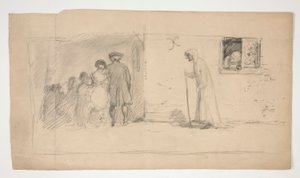 Ryhmä hahmoja kivitalon ulkopuolella - tunnistamaton kuva tekijältä Edwin Austin Abbey