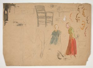 Pää- ja vartalotutkimukset sekä tuolin opiskelu (recto); Luonnokset kirjojen kuvituksiin (käänteinen) tekijältä Edwin Austin Abbey