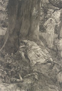 Hermia metsässä, kuvitus näytökselle III, kohtaus ii, Juhannusyö tekijältä Edwin Austin Abbey