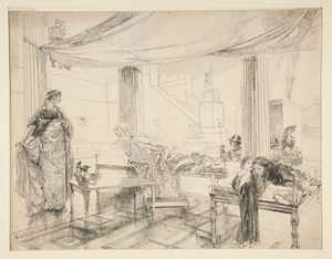 Hermione rukoilee Polixenesia (tutkimus numerolle .1122) - näytös I, kohtaus II, Talvi tekijältä Edwin Austin Abbey