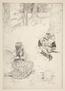 Jester ja nainen, luonnos Narsissin laululle tekijältä Edwin Austin Abbey