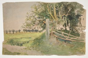 Maisema puita ja rikki aitaa tekijältä Edwin Austin Abbey