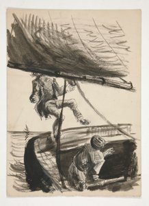 Mies kaatui yli laidan purjeveneen puomin takia (recto); Tuntematon kuva pojasta loistava mies tekijältä Edwin Austin Abbey
