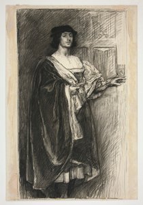 Mies renessanssiasussa - (tunnistamaton kuvitus Shakespearen näytelmään?) tekijältä Edwin Austin Abbey