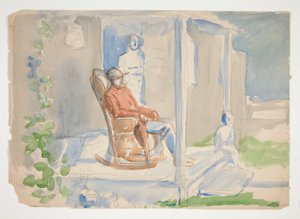 Mies keinutuolissa etukuistilla vaimonsa ja lapsensa kanssa - tunnistamaton kuva tekijältä Edwin Austin Abbey