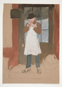 Mies sytyttää putken oviaukossa - tunnistamaton kuva tekijältä Edwin Austin Abbey