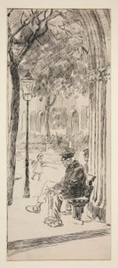 Mies puiston penkillä - tunnistamaton kuva tekijältä Edwin Austin Abbey