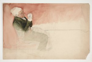 Mies istuu ja tutkii kulhon sisäpuolta - (tunnistamaton kuva) tekijältä Edwin Austin Abbey