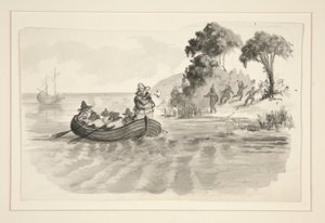 Homes en barca de rems que fugien dels indis a la costa - il·lustració no identificada (en Colom descobrint el Nou Món?) - exploradors que desembarquen al Nou Món finlandès tekijältä Edwin Austin Abbey