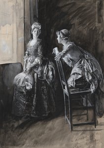 Miss Neville ja Miss Hardcastle, kuvitus Oliver Goldsmithille tekijältä Edwin Austin Abbey