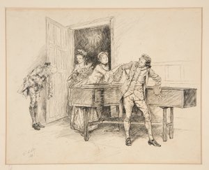 Nan ja piano, kuvitus Oliver Goldsmithille tekijältä Edwin Austin Abbey