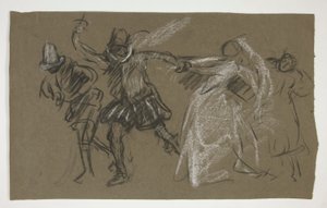 Petruchio vetää Katharinaa elokuvasta Taming of the Shrew (recto); Luonnos istuvasta hahmosta (käänteinen) tekijältä Edwin Austin Abbey