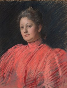 Mrs. Abbeyn muotokuva vaaleanpunaisessa mekossa, vyötäröpituus tekijältä Edwin Austin Abbey