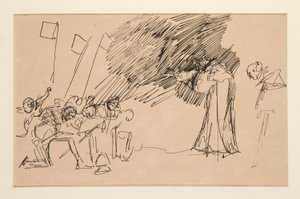 Alustava luonnos näytökselle II, kohtaus I, kaikki tekijältä Edwin Austin Abbey