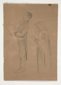 Miehen ja vanhan naisen profiilitutkimukset (recto); Kolme pääpiirroksia ja tunnistamaton luonnos (käänteinen) tekijältä Edwin Austin Abbey