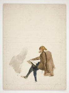 Istuva nuori mies ruskeassa viitassa lukemassa tunnistamatonta kuvaa tekijältä Edwin Austin Abbey