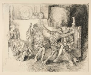 Sir Toby ja hänen seuralaisensa, kuvitus näytökselle II, kohtaus iii, kahdestoista yö tekijältä Edwin Austin Abbey