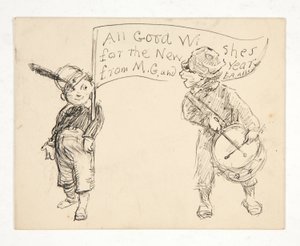 Luonnos onnittelukortille: M.G. toivottaa uutta vuotta. ja E.A. Abbey tekijältä Edwin Austin Abbey