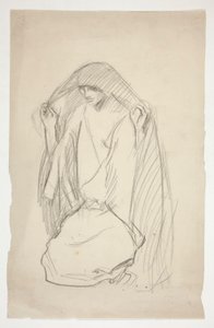 Luonnos naarashahmosta, joka rukoilee Kolmen Marian puolesta ristillä tekijältä Edwin Austin Abbey