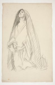 Luonnos naarashahmosta, joka rukoilee Kolmen Marian puolesta ristillä tekijältä Edwin Austin Abbey