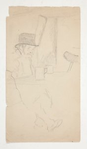 Luonnos raajarasta miehestä, joka istuu pöydän ääressä baarissa tekijältä Edwin Austin Abbey