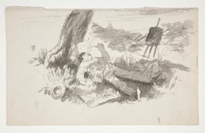 Luonnos ulkoilmamaalarista, joka ottaa päiväunet puun alla - tunnistamaton kuva tekijältä Edwin Austin Abbey