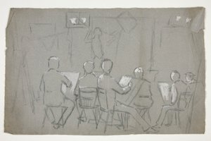 Luonnos huoneesta, jossa opiskelijat piirtävät mallin tekijältä Edwin Austin Abbey