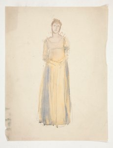 Luonnos naisesta (keltaiseen pukeutunut) - pukututkimus näytelmään? tekijältä Edwin Austin Abbey