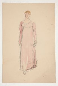 Luonnos naisesta vaaleanpunaisessa - pukututkimus näytelmään? tekijältä Edwin Austin Abbey