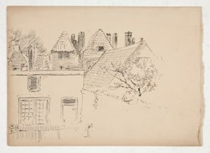 Luonnos ulkoapäin: rakennukset ja puu tekijältä Edwin Austin Abbey